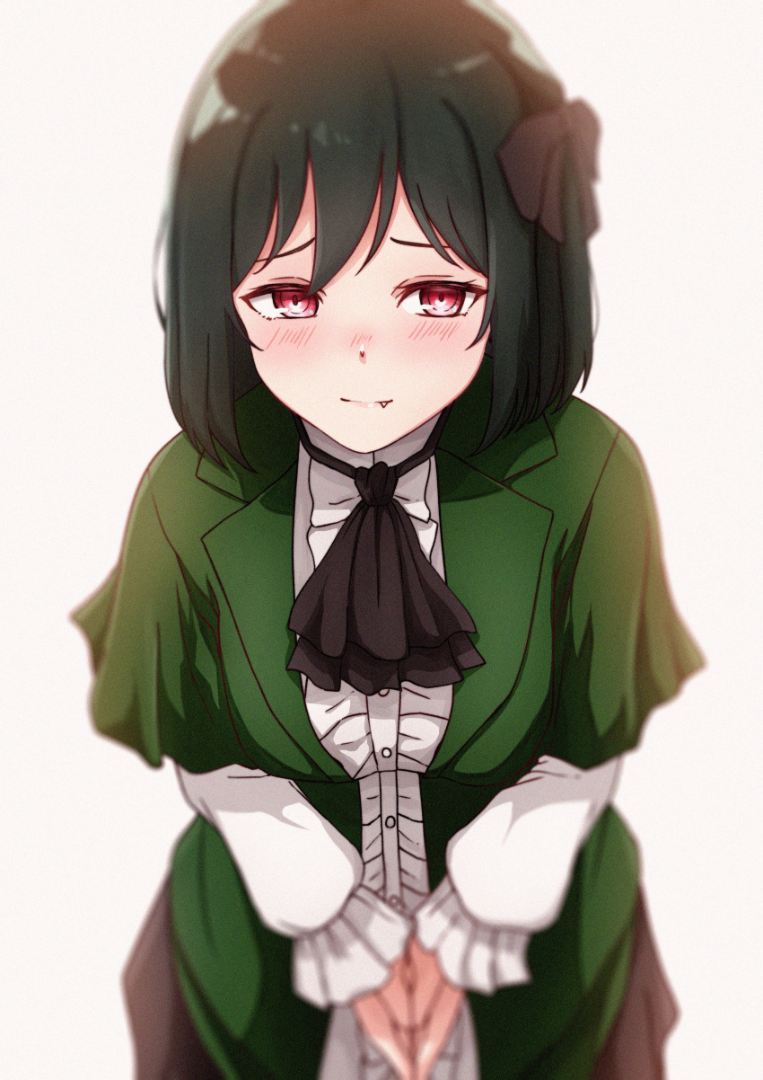 1girl absurdres ascot black_ascot blurry blush breasts closed_mouth commentary_request fang fang_out frilled_shirt frilled_sleeves frills furrowed_brow green_hair green_jacket hair_between_eyes hair_ribbon highres jacket koufukuron_(love_live!) koukoutou_(seikoutoutei) long_sleeves looking_at_viewer love_live! love_live!_nijigasaki_high_school_idol_club medium_breasts mifune_shioriko own_hands_together red_eyes ribbon shirt short_hair solo upper_body white_background white_shirt