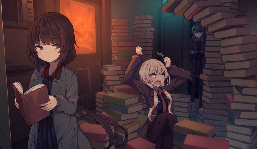 3girls black_hair book bowl brown_hair closed_mouth door food highres laica_(marfusha) lolikaku long_hair looking_at_viewer low_twintails marfusha marfusha_(marfusha) multiple_girls necktie pantyhose pile_of_books purple_eyes reading red_eyes strelka_(marfusha) surprised sweat tray twintails uniform