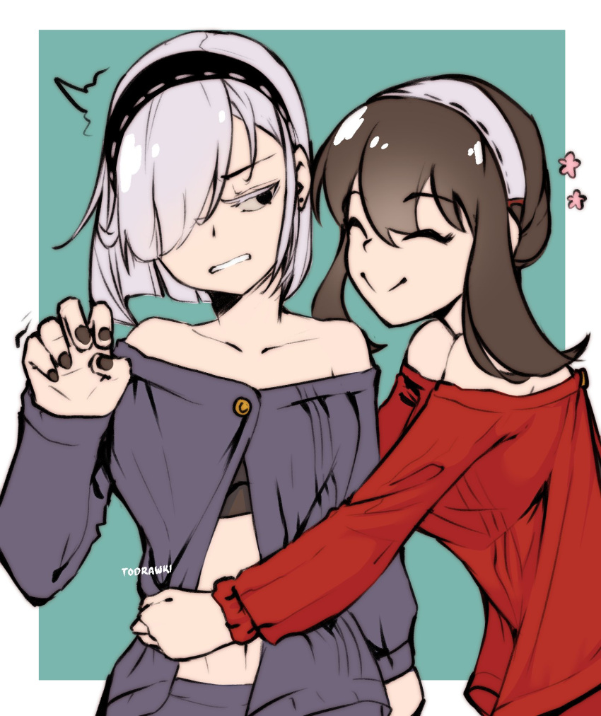 2girls bare_shoulders black_hair blush breasts cleavage colored_eyelashes dress earrings fiona_frost hair_over_one_eye hairband highres holding jewelry large_breasts long_hair multiple_girls red_eyes red_sweater short_hair sidelocks smile spy_x_family sweater sweater_dress todrawki2 white_hair white_hairband yor_briar yuri