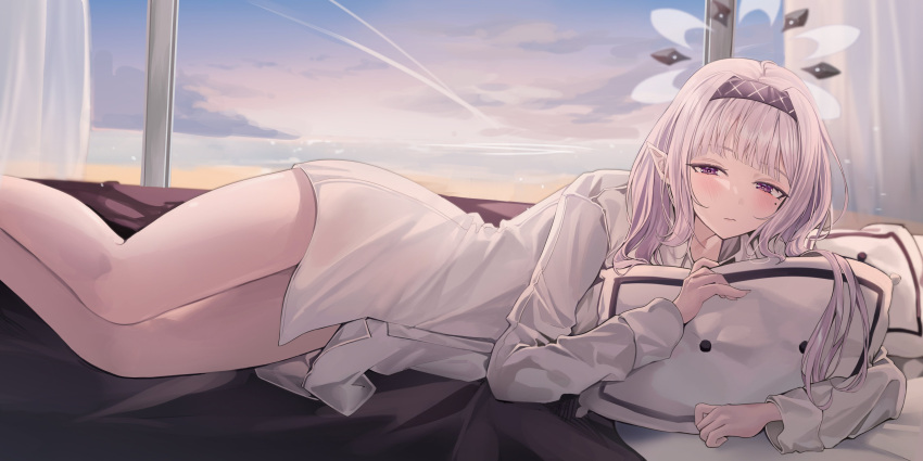 absurdres blue_archive blush closed_mouth evening fu_u03 half-closed_eyes halo hashtag_only_commentary highres himari_(blue_archive) indoors long_sleeves looking_at_viewer lying mole mole_under_eye no_pants on_side pillow pointy_ears purple_eyes shirt thighs white_hair white_shirt