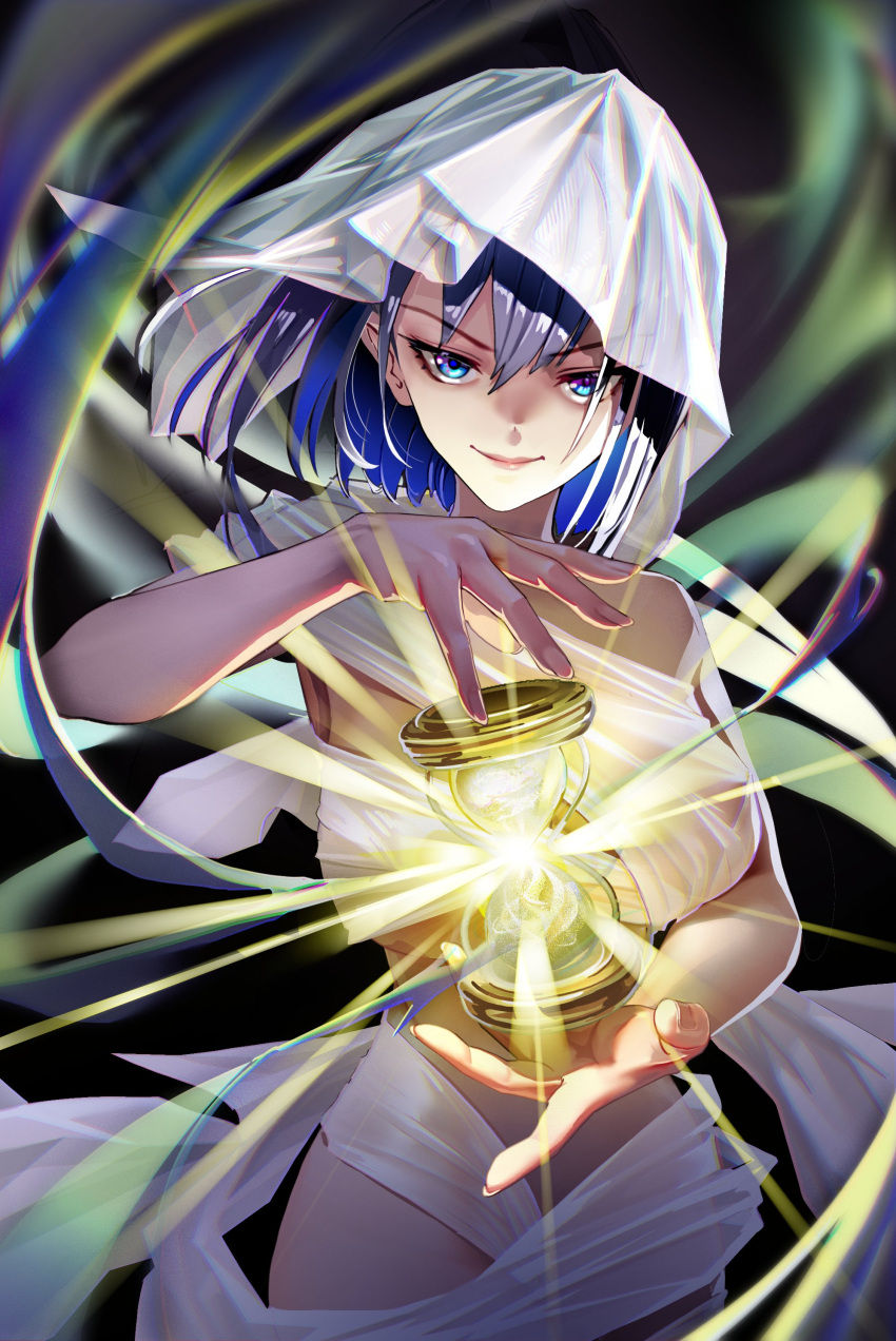1girl absurdres black_background blue_eyes blue_hair breasts closed_mouth commentary english_commentary fingernails floating_hair glowing hair_between_eyes highres hololive hololive_english hourglass large_breasts long_fingernails looking_at_viewer myo-zin ouro_kronii revealing_clothes short_hair smile solo v-shaped_eyebrows veil virtual_youtuber