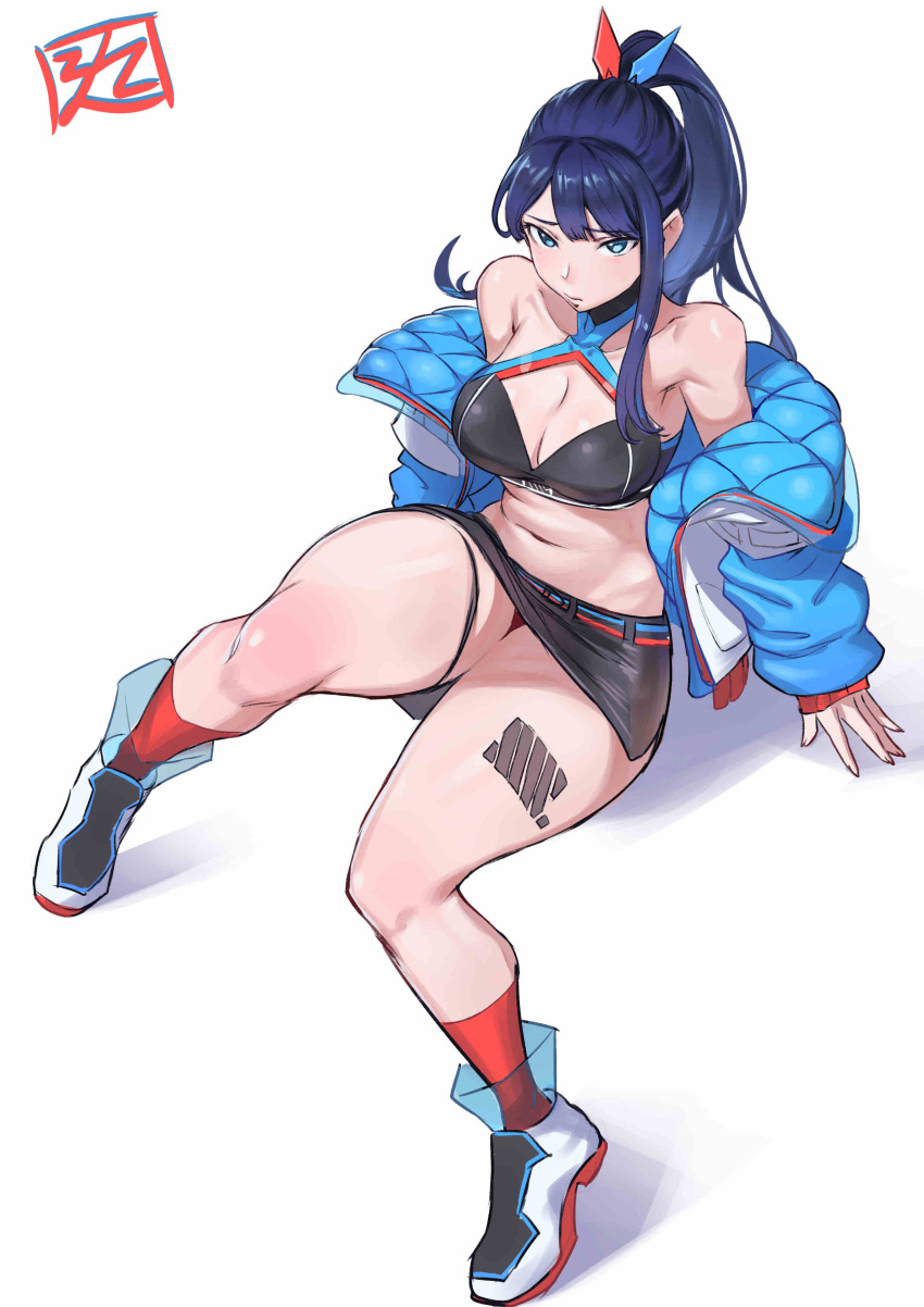 1girl :/ absurdres artist_logo black_hair blue_eyes blue_jacket breasts cleavage closed_mouth commentary gridman_universe highres jacket juaag_acgy large_breasts leg_tattoo long_hair looking_at_viewer multicolored_clothes multicolored_jacket navel off_shoulder official_alternate_costume official_alternate_hairstyle open_clothes open_jacket ponytail red_socks red_trim sitting socks solo ssss.gridman takarada_rikka tattoo thick_thighs thigh_strap thighs two-tone_footwear white_background white_footwear white_jacket