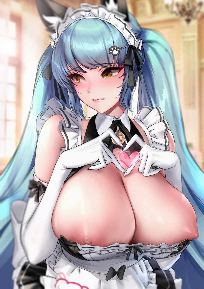 1girl absurdres animal_ears apron aqua_hair bare_shoulders blurry blurry_background blush breasts chandelier cian_yo cleavage depth_of_field elbow_gloves embarrassed frills gloves goddess_of_victory:_nikke hair_ornament heart heart_hands highres huge_breasts long_hair looking_to_the_side maid maid_apron maid_headdress nipple_slip nipples no_bra official_alternate_costume parted_lips privaty_(nikke) privaty_(unkind_maid)_(nikke) sidelocks solo turtleneck twintails upper_body white_gloves white_headwear window yellow_eyes