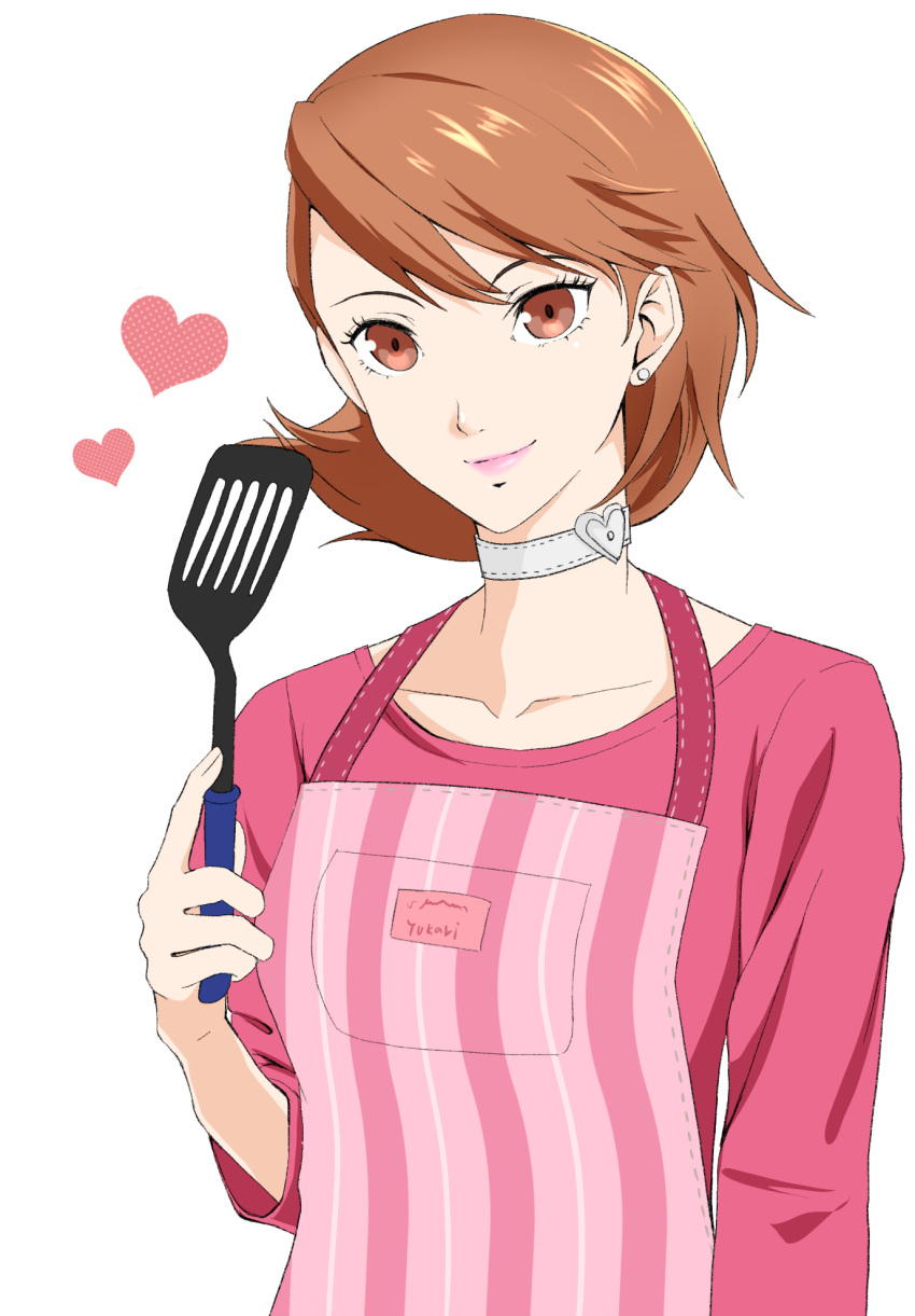 1girl apron brown_eyes brown_hair choker closed_mouth collarbone commentary_request daisysan earrings heart heart_choker highres holding holding_spatula jewelry lips official_alternate_costume pearl_earrings persona persona_3 persona_3_reload pink_apron pink_lips pink_shirt shirt short_hair simple_background smile solo spatula stud_earrings swept_bangs takeba_yukari upper_body white_background white_choker