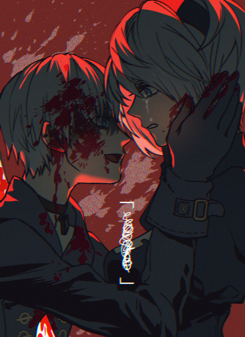 1boy 1girl 2b_(nier:automata) 9s_(nier:automata) black_dress black_gloves black_hairband black_jacket blood blood_in_hair blood_on_clothes blood_on_face blue_eyes choker crying crying_with_eyes_open dress face-to-face gloves grey_hair hairband hand_on_another's_cheek hand_on_another's_face highres jacket looking_at_another mole mole_under_mouth nier:automata nier_(series) open_mouth qige short_hair smile tears