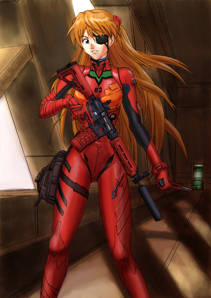 arm_at_side ass_visible_through_thighs assault_rifle bangs bed blue_eyes bodysuit boxcutter bracer clenched_teeth cqc doorway emblem evangelion:_3.0_you_can_(not)_redo eyepatch floating_hair furrowed_eyebrows gloves gun hair_between_eyes hallway headgear highres hk_vp70 holding holding_gun holding_weapon hospital_bed indoors legs_apart long_hair looking_at_viewer m4_carbine metal_gear_(series) metal_gear_solid metal_gear_solid_4 neon_genesis_evangelion nerv number one_eye_covered orange_hair parody parted_bangs parted_lips pilot_suit pouch rebuild_of_evangelion red_bodysuit reverse_grip rifle serious shikinami_asuka_langley slender_waist solid_snake solo souryuu_asuka_langley standing straight_hair suppressor tape teeth thigh_pouch thigh_strap trigger_discipline turtleneck two_side_up very_long_hair weapon window