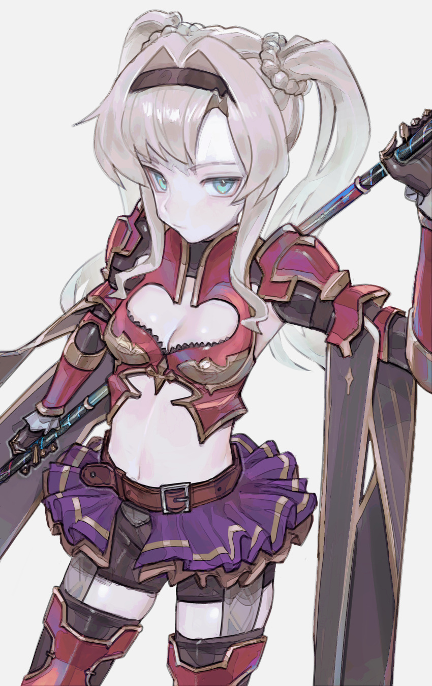 1girl absurdres armor belt blonde_hair blue_eyes breasts expressionless gauntlets granblue_fantasy hairband highres holding holding_weapon long_hair looking_at_viewer medium_breasts midriff miniskirt navel saaal653 short_shorts shorts shoulder_armor skirt solo thighhighs twintails weapon zeta_(granblue_fantasy)