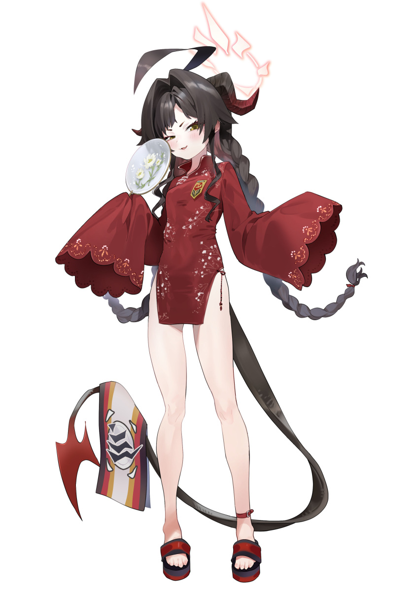 1girl absurdres ahoge alternate_hairstyle black_hair black_horns black_tail blue_archive blush braid demon_horns demon_tail dress full_body hair_intakes halo highres horns kasumi_(blue_archive) long_hair open_mouth red_dress red_halo sandals simple_background sleeves_past_fingers sleeves_past_wrists smile solo tail twin_braids white_background wide_sleeves yanyo_(ogino_atsuki) yellow_eyes