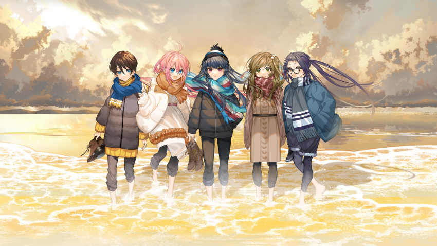 5girls ahoge argyle argyle_scarf arlizi arms_behind_back barefoot beach beanie belt black-framed_eyewear black_coat black_hair black_headwear black_leggings black_pants black_shorts blue_coat blue_eyes blue_scarf blunt_bangs boots brown_eyes brown_footwear brown_hair closed_mouth cloud cloudy_sky coat commentary cross-laced_footwear dress fang fur-trimmed_shorts fur_trim glasses green_eyes hair_between_eyes hair_bobbles hair_ornament hand_in_pocket hands_in_pockets hat highres holding holding_shoes inuyama_aoi kagamihara_nadeshiko lace-up_boots leggings long_hair long_sleeves looking_at_another looking_at_viewer looking_to_the_side multiple_girls nail_polish ocean oogaki_chiaki open_mouth orange_nails orange_scarf outdoors pants pants_rolled_up pink_belt pink_coat pink_eyes pink_hair pom_pom_(clothes) pom_pom_beanie ribbed_sweater saitou_ena scarf shima_rin shirt shoes short_hair shorts side_ponytail skin_fang sky sleeves_past_wrists smile standing striped_clothes striped_scarf sunset sweater sweater_dress symbol-only_commentary thick_eyebrows twintails unworn_shoes wading white_coat white_dress wide_shot winter_clothes yellow_shirt yurucamp
