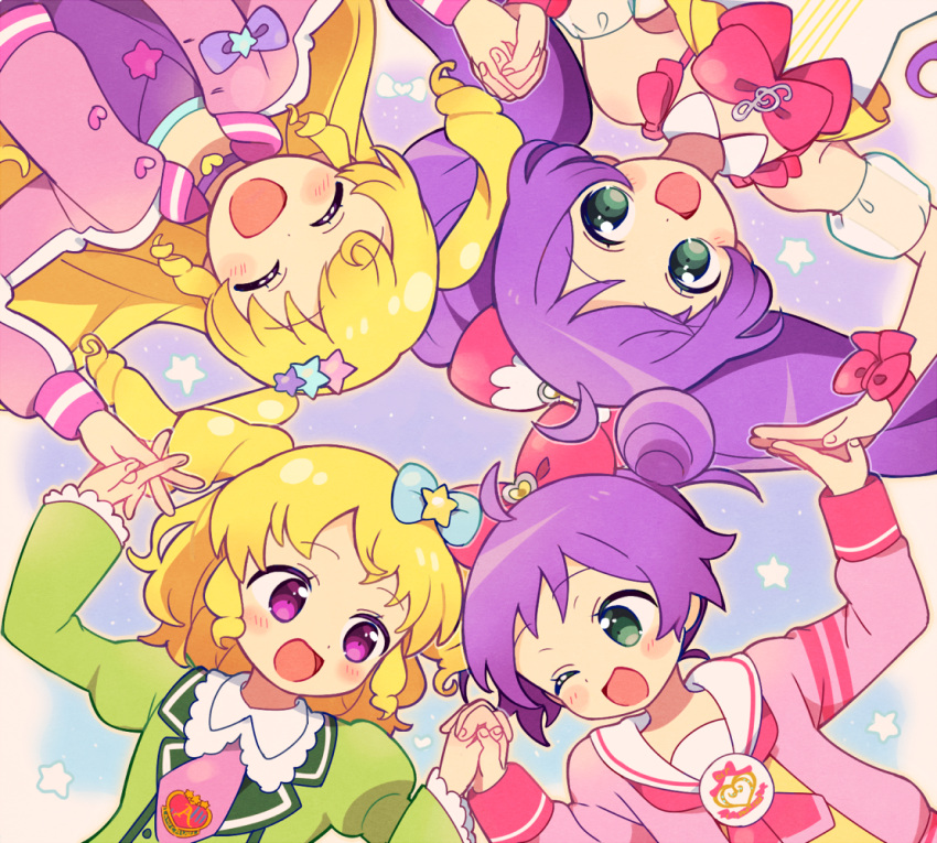 4girls 5.5 :d ahoge avocado_academy_school_uniform blonde_hair bow cardigan circle_formation closed_eyes detached_sleeves double_bun dual_persona eye_contact facing_viewer from_above green_eyes green_jacket hair_bow hair_bun hands_up holding_hands idol_clothes idol_time_pripara interlocked_fingers jacket juliet_sleeves long_hair long_sleeves looking_at_another lying manaka_laala manaka_laala_(young) multiple_girls neckerchief on_back one_eye_closed open_mouth paprika_private_academy_school_uniform pink_bow pink_cardigan pink_jacket pink_neckerchief pretty_series pripara puffy_detached_sleeves puffy_sleeves purple_eyes purple_hair ringlets sailor_collar school_uniform short_hair smile treble_clef twintails two_side_up upper_body upside-down very_long_hair white_sailor_collar yumekawa_yui