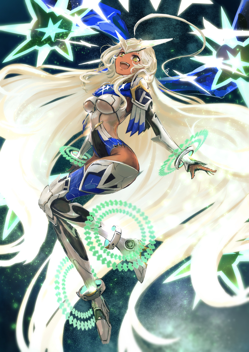 152_in_can 1girl absurdres andromeda_(fate) andromeda_(third_ascension)_(fate) armor armored_boots armored_legwear armored_leotard blue_trim boots breasts covered_navel covered_nipples dark-skinned_female dark_skin fate/grand_order fate_(series) full_body geometric_pattern green_eyes hair_ornament highres leotard long_hair parted_lips solo space very_long_hair white_hair