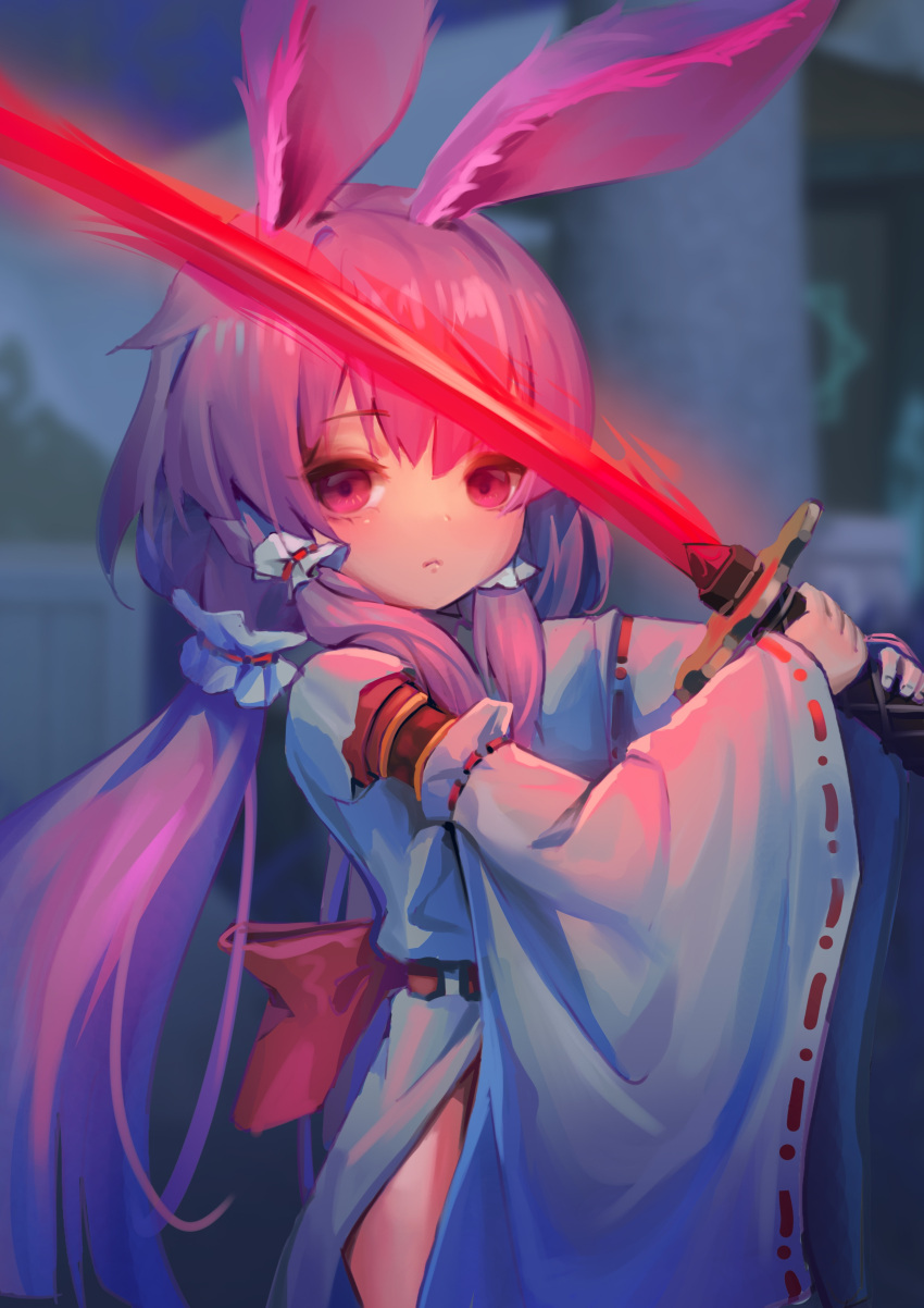 1girl absurdres animal_ears back_bow blurry bow chinese_commentary closed_mouth depth_of_field glowing glowing_sword glowing_weapon hair_ornament hair_scrunchie highres hong_wangye japanese_clothes kannagi_usagi katana kimono light_blush long_hair long_sleeves looking_at_viewer miko pink_bow pink_eyes pink_hair rabbit_ears ribbon-trimmed_sleeves ribbon_trim scrunchie solo sword weapon white_kimono wide_sleeves