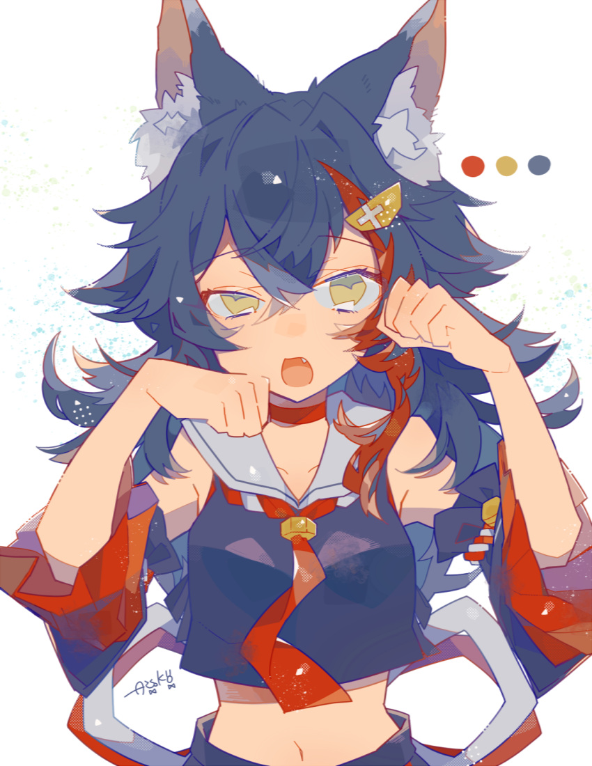 1girl animal_ear_fluff animal_ears auko black_hair black_shirt choker color_guide commentary_request crop_top detached_sleeves highres hololive long_hair looking_at_viewer messy_hair multicolored_hair navel necktie ookami_mio ookami_mio_(1st_costume) open_mouth paw_pose red_choker red_hair red_necktie sailor_collar shirt signature simple_background solo stomach streaked_hair upper_body virtual_youtuber white_background white_sailor_collar wolf_ears wolf_girl yellow_eyes