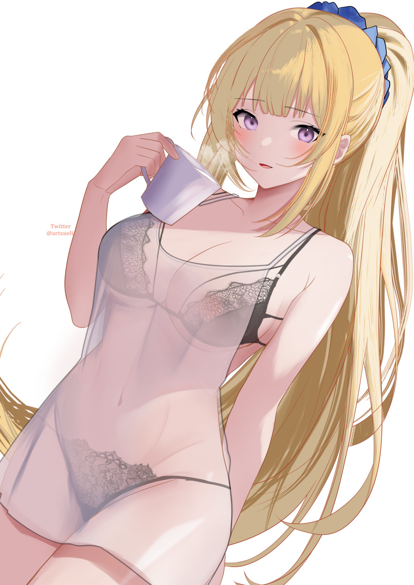 1girl absurdres bare_shoulders bikini black_bikini black_bra blonde_hair blush bra bra_visible_through_clothes breasts cleavage coffee_mug collarbone cup hair_ornament high_ponytail highres karuizawa_kei lace lace-trimmed_bra lace-trimmed_panties lace_trim large_breasts lingerie long_hair looking_at_viewer midriff mug navel nipples oversized_clothes oversized_shirt panties ponytail purple_eyes see-through see-through_cleavage see-through_shirt shirt simple_background solo swimsuit thighs underwear wet wet_clothes wet_shirt white_shirt xueli_shimazaki youkoso_jitsuryoku_shijou_shugi_no_kyoushitsu_e