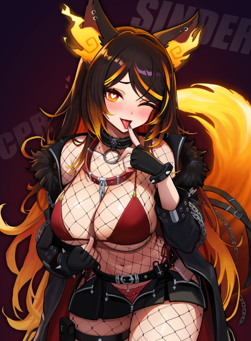 1girl animal_ear_fluff animal_ears belt bikini black_belt black_gloves black_jacket black_nails blush bodysuit breasts chain character_name clickdraws collar cowboy_shot english_commentary fingerless_gloves fishnet_bodysuit fishnets gloves heart heart-shaped_pupils highres indie_virtual_youtuber jacket large_breasts long_hair long_sleeves looking_at_viewer nail_polish one_eye_closed open_mouth orange_eyes orange_hair red_bikini red_collar second-party_source sinder_(vtuber) sinder_(vtuber)_(3rd_costume) smile solo swimsuit symbol-shaped_pupils tail tongue virtual_youtuber wolf_ears wolf_girl wolf_tail