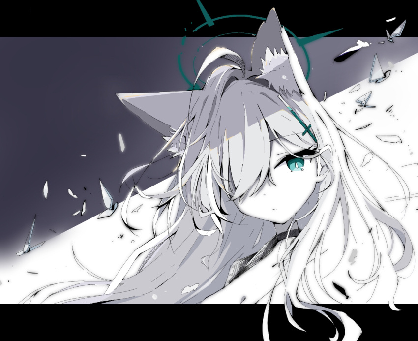 1girl :/ ahoge animal_ear_fluff animal_ears ayahosiyuki blue_archive blue_eyes blue_halo breasts cleavage closed_mouth cropped_torso dot_nose expressionless floating glass_shards greyscale hair_intakes hair_over_one_eye halo hatching_(texture) linear_hatching long_hair looking_at_viewer monochrome shiroko_(blue_archive) shiroko_terror_(blue_archive) sidelocks solo spot_color wolf_ears wolf_girl