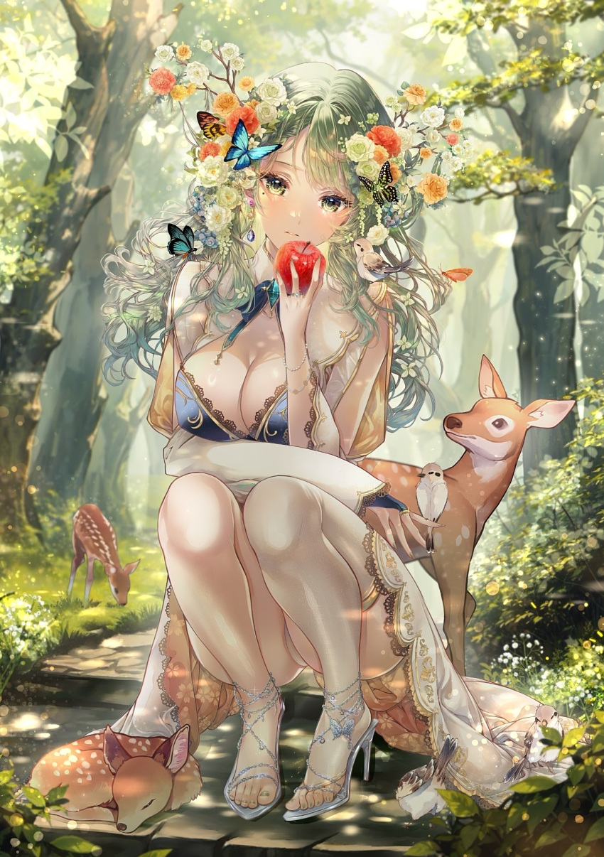 1girl antlers apple bird bird_on_hand blue_dress blush breasts bug butterfly butterfly_on_head ceres_fauna ceres_fauna_(1st_costume) cleavage cleavage_cutout clothing_cutout deer dress flower food forest fruit green_eyes green_hair hair_flower hair_ornament high_heels highres holding holding_food holding_fruit hololive hololive_english horns large_breasts long_hair looking_at_viewer miyu_(miyulein) mole mole_under_eye nature single_thighhigh sleeveless sleeveless_dress thighhighs virtual_youtuber white_footwear white_thighhighs