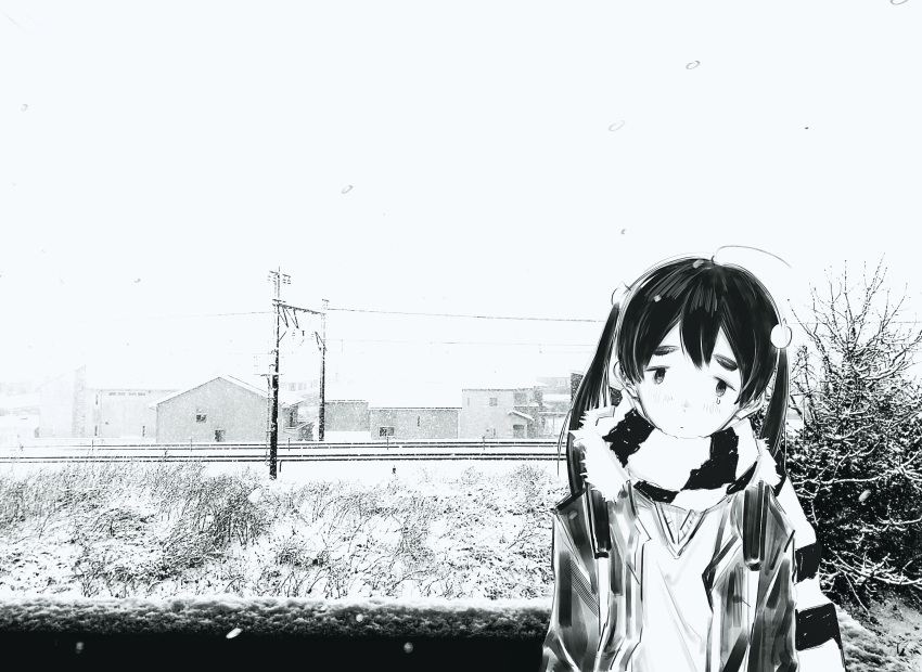 1girl absurdres arms_at_sides bare_tree blush closed_mouth day dead_dead_demons_de_dedede_destruction greyscale head_tilt highres hos1_i house jacket long_hair long_sleeves looking_at_viewer monochrome nakagawa_ouran open_clothes open_jacket outdoors overhead_line photo_background railroad_tracks scarf snow snowing solo straight-on striped_clothes striped_scarf sweater tareme tearing_up town tree twintails upper_body