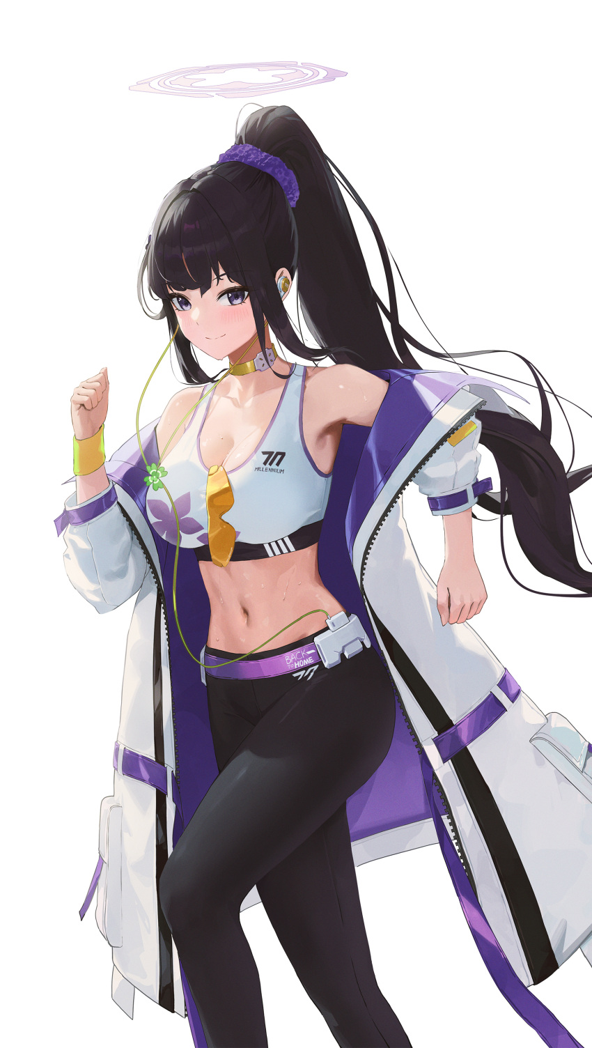 1girl absurdres black_hair black_pants blue_archive blush breasts cleavage closed_mouth feet_out_of_frame fieryonion hair_ornament hair_scrunchie halo high_ponytail highres jacket large_breasts long_hair long_sleeves looking_at_viewer navel open_clothes open_jacket pants purple_eyes purple_halo purple_scrunchie scrunchie simple_background smile solo sumire_(blue_archive) white_background white_jacket