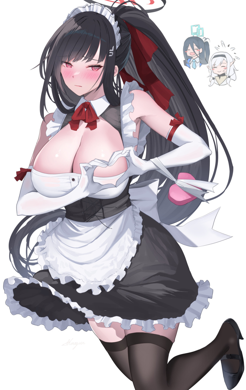 3girls alternate_costume apron bare_shoulders black_footwear black_hair black_thighhighs blue_archive blush bow bowtie breasts character_request cleavage closed_mouth commentary_request elbow_gloves frills gloves hair_ornament hair_ribbon halo heart heart_hands highres large_breasts long_hair looking_at_viewer maid maid_headdress multiple_girls ponytail red_bow red_bowtie red_eyes red_ribbon ribbon rio_(blue_archive) shougun_(chuckni1) simple_background solo_focus thighhighs white_apron white_background
