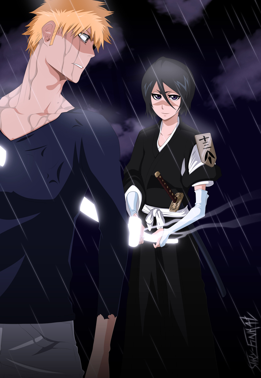 1boy 1girl absurdres black_hair bleach brown_eyes cloud clouds gloves hair_between_eyes highres holding impaled japanese_clothes kuchiki_rukia kurosaki_ichigo looking_back night night_sky orange_hair photoshop purple_eyes rain short_hair sky smile stiky_finkaz surprised sword vector_trace weapon wet wet_clothes