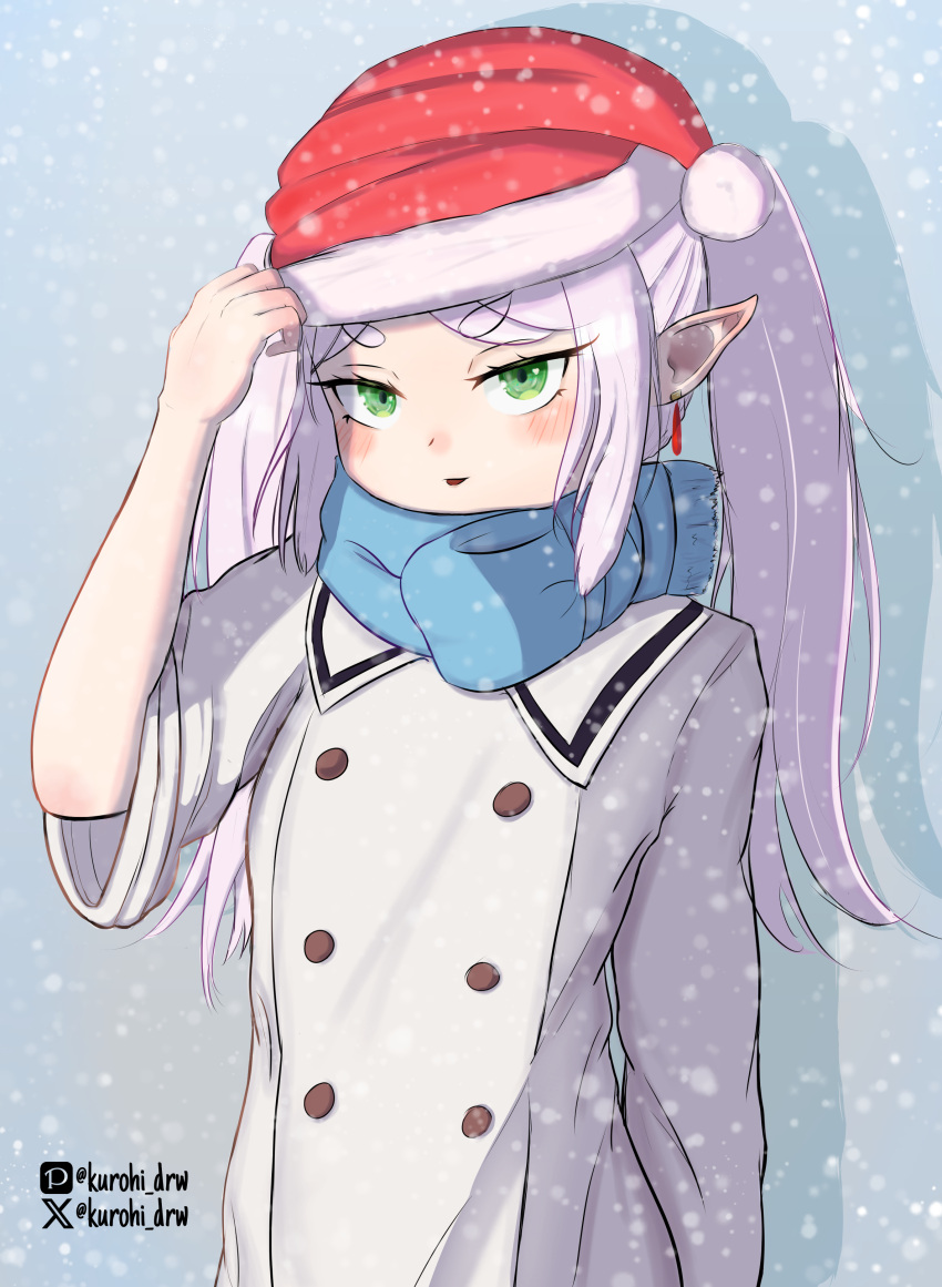 1girl absurdres blue_scarf coat commentary contemporary earrings frieren green_eyes grey_hair hat highres jewelry kurohi_drw long_hair makeup mascara pixiv_username pointy_ears santa_hat scarf sleeves_rolled_up snow solo sousou_no_frieren thick_eyebrows twitter_username upper_body white_coat