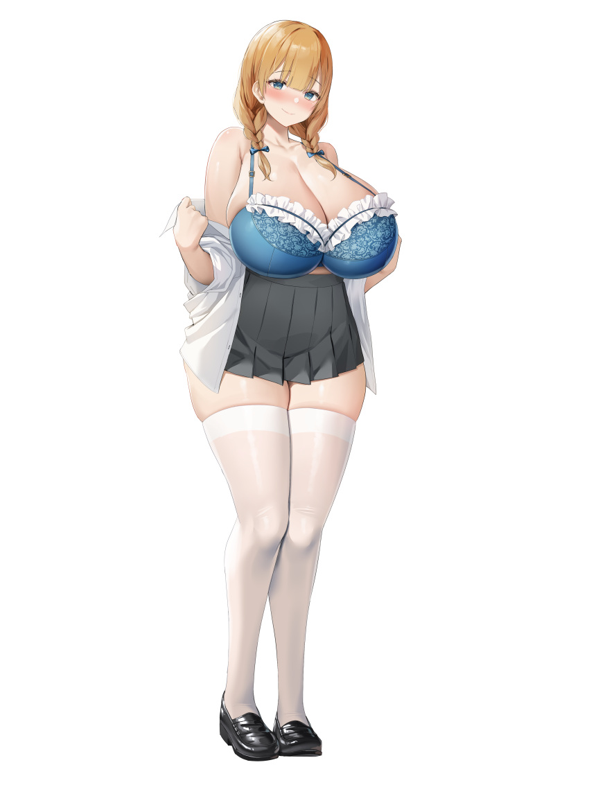 1girl absurdres bare_shoulders black_footwear blonde_hair blue_bow blue_bra blue_eyes blush bow bra breasts cleavage closed_mouth full_body grey_skirt hair_bow hair_ornament highres huge_breasts long_sleeves looking_at_viewer medium_hair miniskirt non-web_source oekakizuki open_clothes open_shirt original pleated_skirt school_uniform shirt simple_background skirt smile solo standing thick_thighs thighhighs thighs twintails underwear white_shirt white_thighhighs