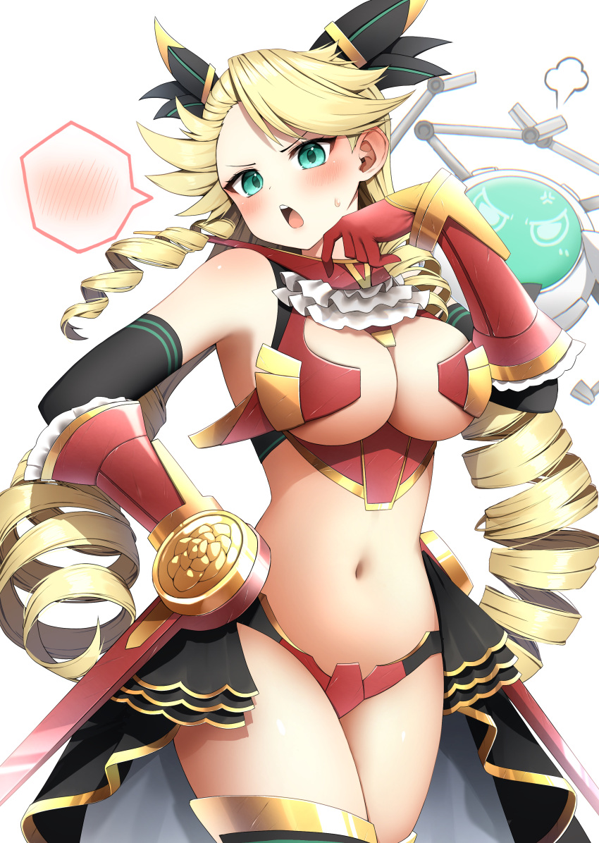 1girl absurdres black_gloves blonde_hair blush breasts cleavage commentary_request cowboy_shot drill_hair elbow_gloves gloves green_eyes highres large_breasts long_hair looking_at_viewer myrcia_(nyanko_daisensou) navel nyanko_daisensou open_mouth pepushi_drow revealing_clothes showgirl_skirt solo spoken_blush standing sweatdrop teeth tongue upper_teeth_only very_long_hair