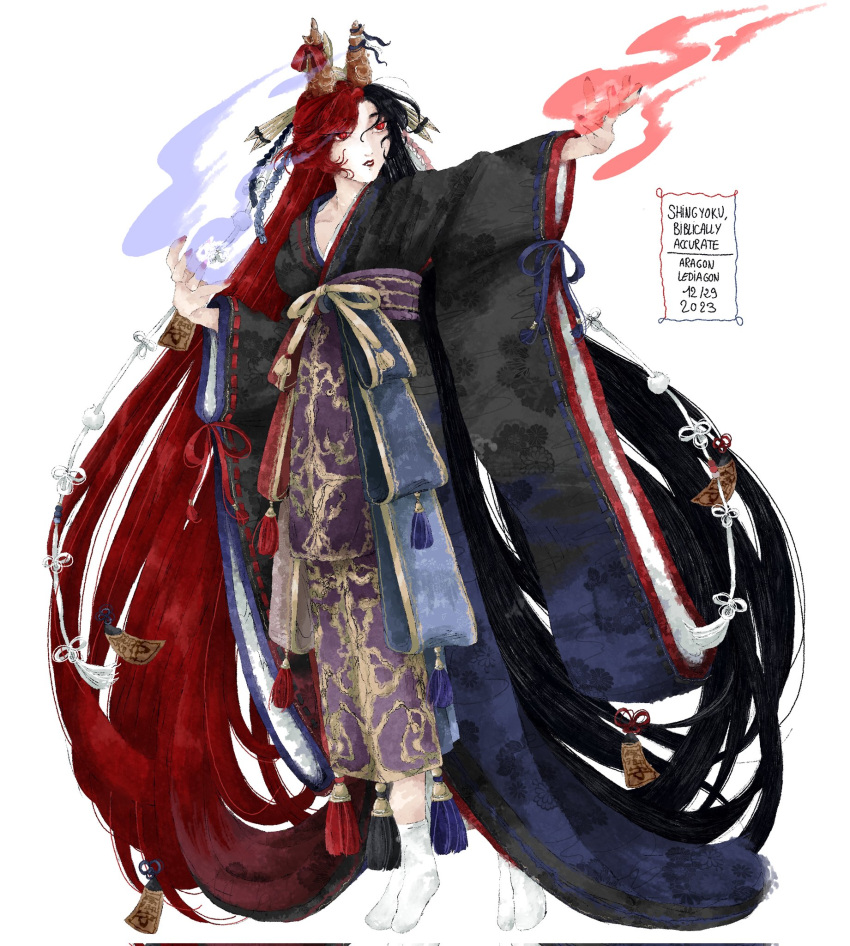 1girl absurdly_long_hair alternate_costume black_hair black_kimono breasts cleavage floral_print_kimono highres horn_ornament horn_ribbon horns japanese_clothes kimono long_hair long_sleeves multicolored_hair no_shoes obi red_eyes red_hair ribbon ribbon-trimmed_sleeves ribbon_trim sash shingyoku_(touhou) shingyokuluvr69 socks touhou touhou_(pc-98) very_long_hair white_socks wide_sleeves