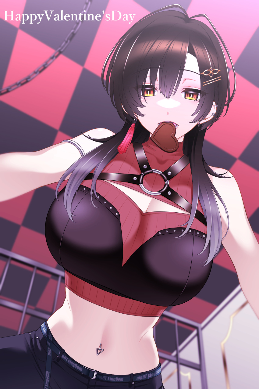 1girl absurdres belt black_hair breasts candy chocolate colored_inner_hair food happy_valentine heart heart-shaped_chocolate highres holding holding_chocolate holding_food huge_breasts koishikawa long_hair looking_at_viewer midriff multicolored_hair navel_piercing nijisanji orange_eyes piercing shirayuki_tomoe valentine virtual_youtuber