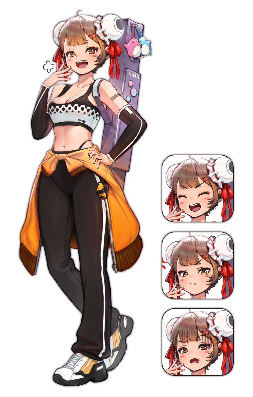 1girl ahoge angry arm_tattoo barcode barcode_tattoo black_pants black_sleeves blush breasts brown_eyes bun_cover cleavage closed_eyes closed_mouth clothes_around_waist commentary crop_top detached_sleeves double_bun earbuds earphones expression_chart expressions full_body hair_bun hair_ornament hair_ribbon hairclip hand_on_own_hip hand_up highres jacket jacket_around_waist korean_commentary ksb_(qwop03) looking_at_viewer medium_breasts midriff navel open_mouth orange_jacket original pants panty_straps puff_of_air ribbon shoes short_hair simple_background smile sneakers solo stomach tattoo teeth upper_teeth_only white_background white_footwear