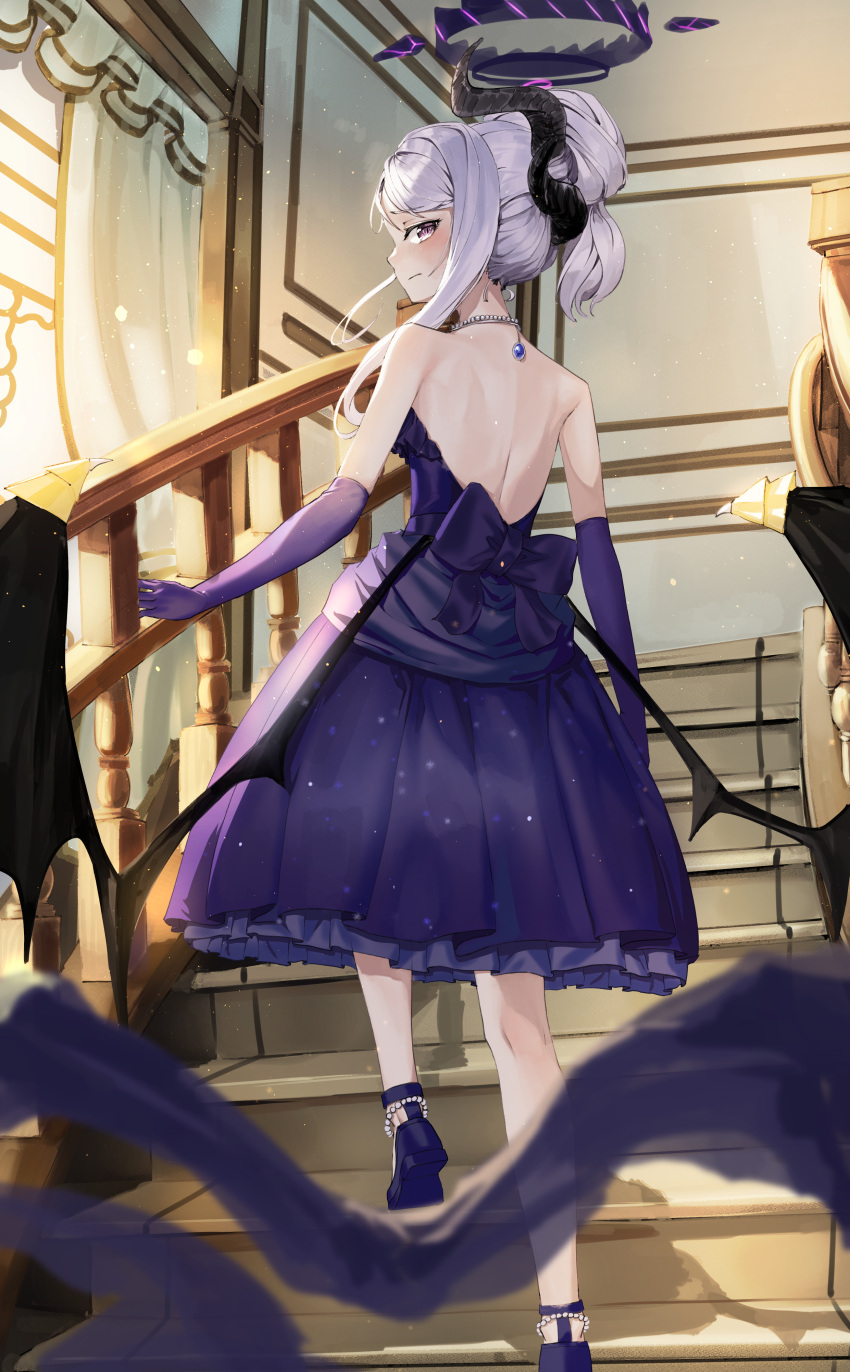 1girl absurdres black_horns black_wings blue_archive blush closed_mouth demon_horns demon_wings dress elbow_gloves gloves grey_hair halo highres hina_(blue_archive) hina_(dress)_(blue_archive) horns indoors jewelry long_hair looking_at_viewer looking_back necklace official_alternate_costume official_alternate_hairstyle purple_dress purple_eyes purple_footwear purple_gloves rnjs4967 shoes solo stairs strapless strapless_dress wings