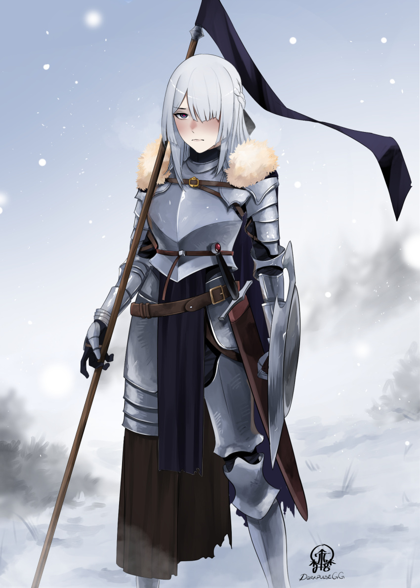 1girl ak-15_(girls'_frontline) armor blue_cape braid cape closed_mouth couter cuirass cuisses darkpulsegg feet_out_of_frame fur-trimmed_cape fur_trim gauntlets girls'_frontline greaves grey_hair hair_over_one_eye highres holding holding_shield knight long_hair looking_at_viewer outdoors poleyn rerebrace sheath sheathed shield snow solo sword vambraces weapon