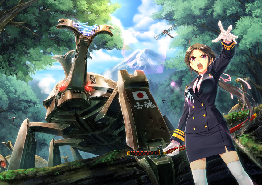 ahoge aiguillette bad_id bad_pixiv_id beetle black_hair blush breasts bug cloud day double-breasted dragonfly electricity forest formal gloves hair_ribbon highres insect japanese_flag katana kuroneko_sakon lens_flare long_hair mecha medium_breasts military military_uniform miniskirt mountain nature necktie open_mouth original outstretched_arm outstretched_hand pencil_skirt pink_eyes ponytail ribbon scabbard sheath skirt sky solo sword thighhighs tree uniform weapon white_legwear zettai_ryouiki