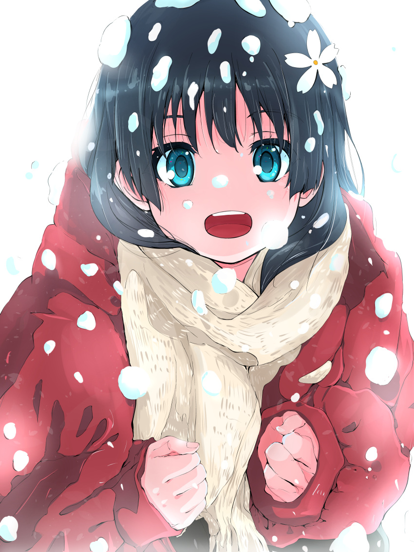 1girl absurdres black_hair blue_eyes clenched_hands down_jacket flower hair_flower hair_ornament highres jacket long_hair looking_at_viewer musaki_(msaki666) open_mouth red_jacket saten_ruiko scarf snow snow_on_head snowing solo toaru_kagaku_no_railgun toaru_majutsu_no_index white_scarf