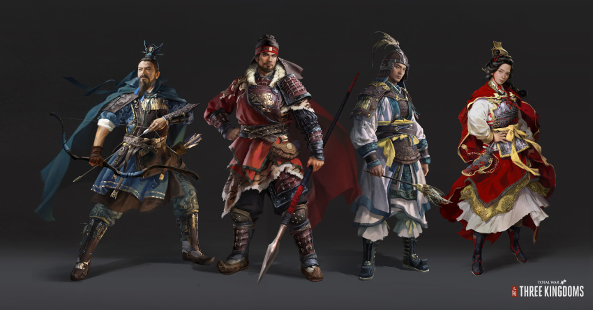 1girl 3boys absurdres armor arrow_(projectile) beard black_background blue_cape boots bow_(weapon) breastplate cape chinese_armor chinese_clothes dress facial_hair feathers gauntlets gloves han_dynasty hand_on_own_hip hanfu headband headdress helmet highres holding holding_polearm holding_weapon leather leather_armor leather_boots logo lulu_zhang multiple_boys official_art polearm red_cape red_dress romance_of_the_three_kingdoms sash shoulder_armor single_glove spear sun_ce sun_ren taishi_ci total_war:_three_kingdoms turban weapon whisk yellow_sash zhou_yu