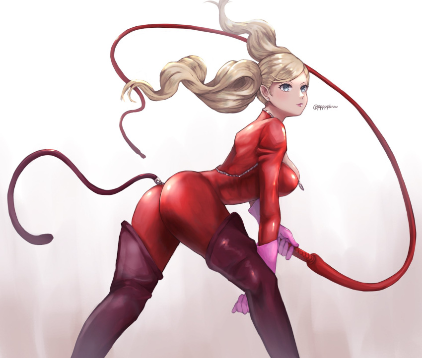 1girl ass bent_over blonde_hair blue_eyes bodysuit boots breasts closed_mouth commentary_request earrings elbow_gloves fake_tail floating_hair full-length_zipper gloves gradient_background highres holding holding_whip jewelry large_breasts long_hair panther_tail persona persona_5 pink_gloves pppppknw purple_footwear red_bodysuit solo standing stud_earrings tail takamaki_anne thigh_boots twintails twitter_username zipper