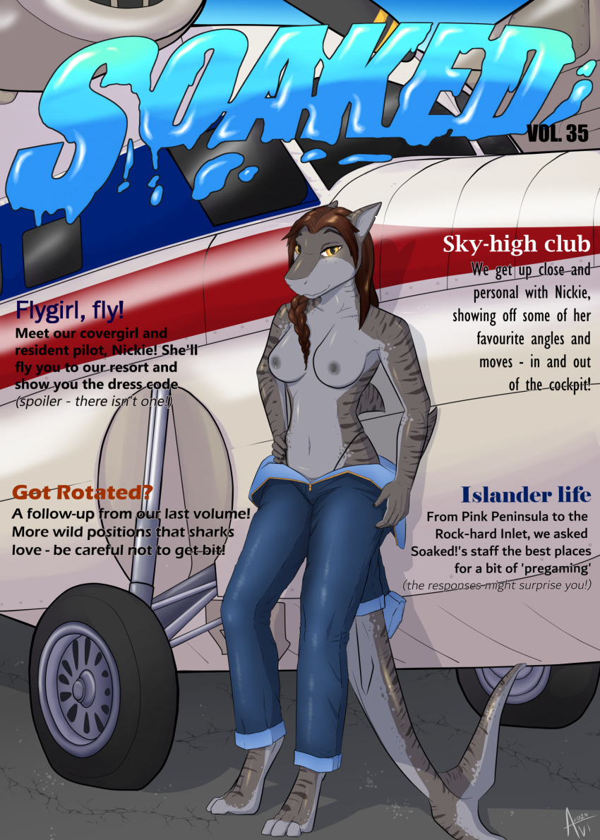 aircraft airplane anthro avilon breasts clothed clothing digitigrade female fin fish hi_res looking_at_viewer marine nickie_(razorzj) partially_clothed shark solo tail text