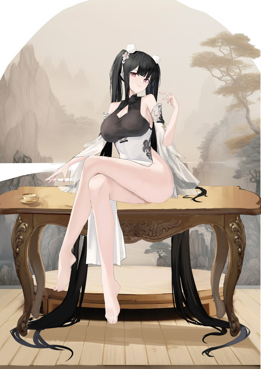 1girl absurdly_long_hair absurdres azur_lane bare_shoulders black_hair breasts china_dress chinese_clothes cleavage cleavage_cutout clothing_cutout crossed_legs dress elbow_gloves full_body gloves hair_ornament highres indoors large_breasts long_hair looking_at_viewer official_alternate_costume official_alternate_hairstyle pelvic_curtain peter_strasser_(azur_lane) peter_strasser_(lustrous_jade_of_the_golden_house)_(azur_lane) red_eyes sitting sitting_on_table solo suo_bu_ye_feng twintails two-tone_dress very_long_hair white_gloves wooden_floor