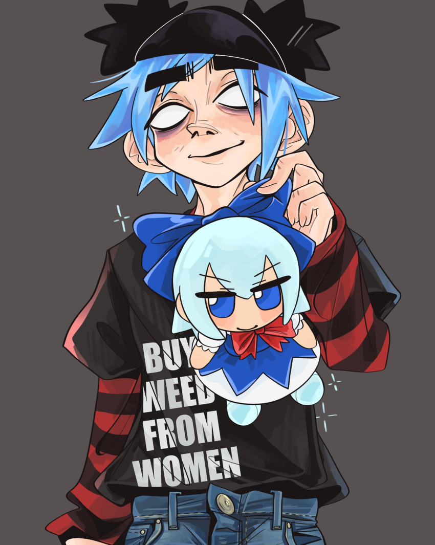 1boy bags_under_eyes black_shirt blue_hair blue_pants bow character_doll cirno commentary cowboy_shot crossover denim doll english_commentary fumo_(doll) gorillaz grey_background highres holding holding_bow_(ornament) holding_doll jeans kecchi0 layered_sleeves long_sleeves looking_at_viewer male_focus no_pupils open_mouth pants shirt short_hair short_over_long_sleeves short_sleeves simple_background smile solo stuart_pot swept_bangs touhou