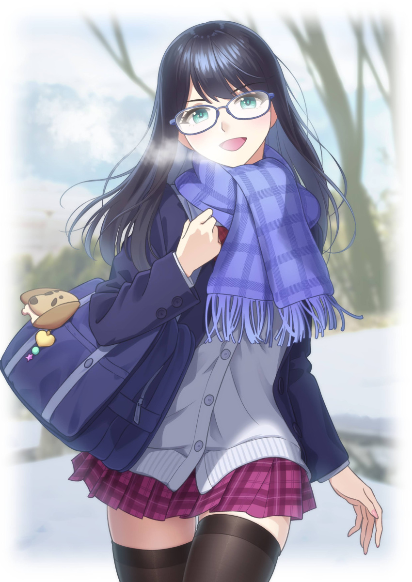 1girl :d absurdres bag black_hair black_thighhighs blue-framed_eyewear blue_jacket blue_scarf blurry blurry_background blurry_border border cardigan cowboy_shot girugiru_(tektonics6588) glasses green_eyes highres jacket long_hair long_sleeves looking_at_viewer miniskirt open_clothes open_jacket open_mouth original outdoors plaid plaid_scarf plaid_skirt pleated_skirt red_skirt scarf school_bag skirt smile solo standing straight_hair thigh_gap thighhighs white_border white_cardigan winter zettai_ryouiki