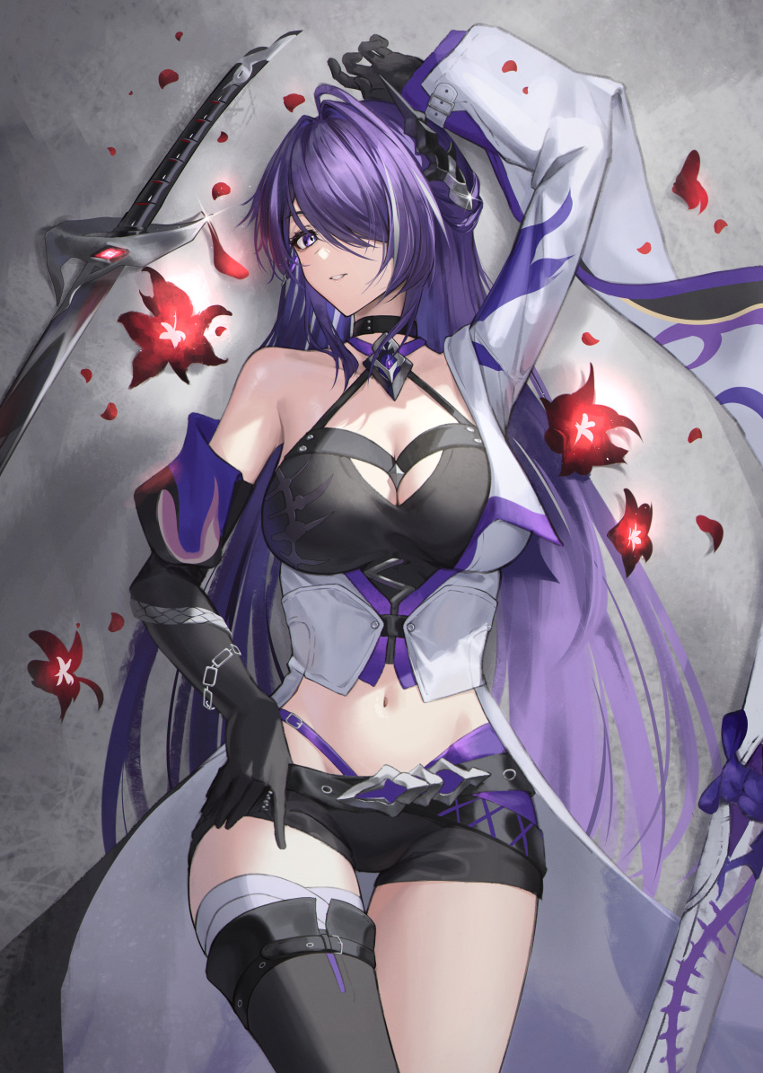 1girl absurdres acheron_(honkai:_star_rail) arm_up bakemonsou black_choker black_gloves breasts choker cleavage gloves hair_over_one_eye highres honkai:_star_rail honkai_(series) long_hair looking_at_viewer lying midriff navel purple_eyes purple_hair shorts single_bare_shoulder solo stomach very_long_hair