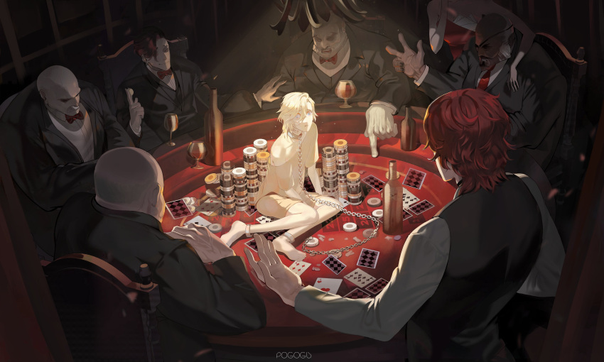 absurdres aventurine_(honkai:_star_rail) blonde_hair bottle card chain chain_leash collar cup drinking_glass hair_between_eyes highres honkai:_star_rail honkai_(series) leash long_sleeves male_focus multiple_boys playing_card pogogu poker_chip poker_table red_hair restrained shirt short_hair sitting suit table wine_bottle wine_glass