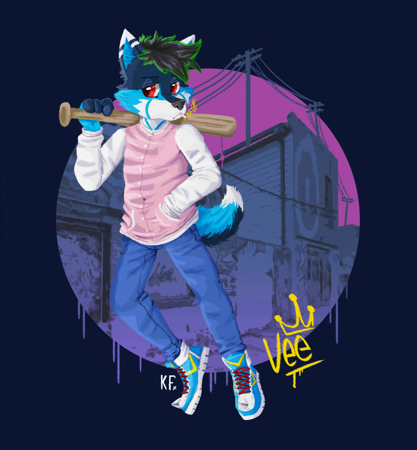 absurd_res anthro blue_body blue_fur canid canine canis clothing fur hi_res katxfish male mammal pink_clothing red_eyes smoke smoking solo street wolf