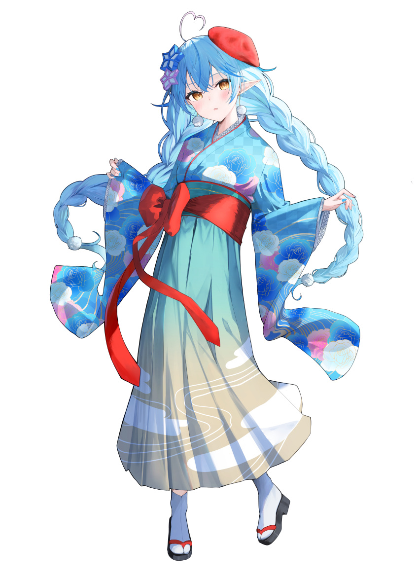 1girl absurdres ahoge aki_uzuki3 alternate_costume aqua_kimono beret blue_hair blush bow braid cloud_print commentary earrings elf floral_print floral_print_kimono full_body green_kimono hair_between_eyes hair_ornament hands_up hat heart heart_ahoge highres hololive japanese_clothes jewelry kimono large_bow long_hair looking_at_viewer obi okobo open_mouth pointy_ears print_kimono red_bow red_headwear sandals sash sash_bow simple_background socks solo tabi twin_braids virtual_youtuber white_background white_socks yellow_eyes yukihana_lamy