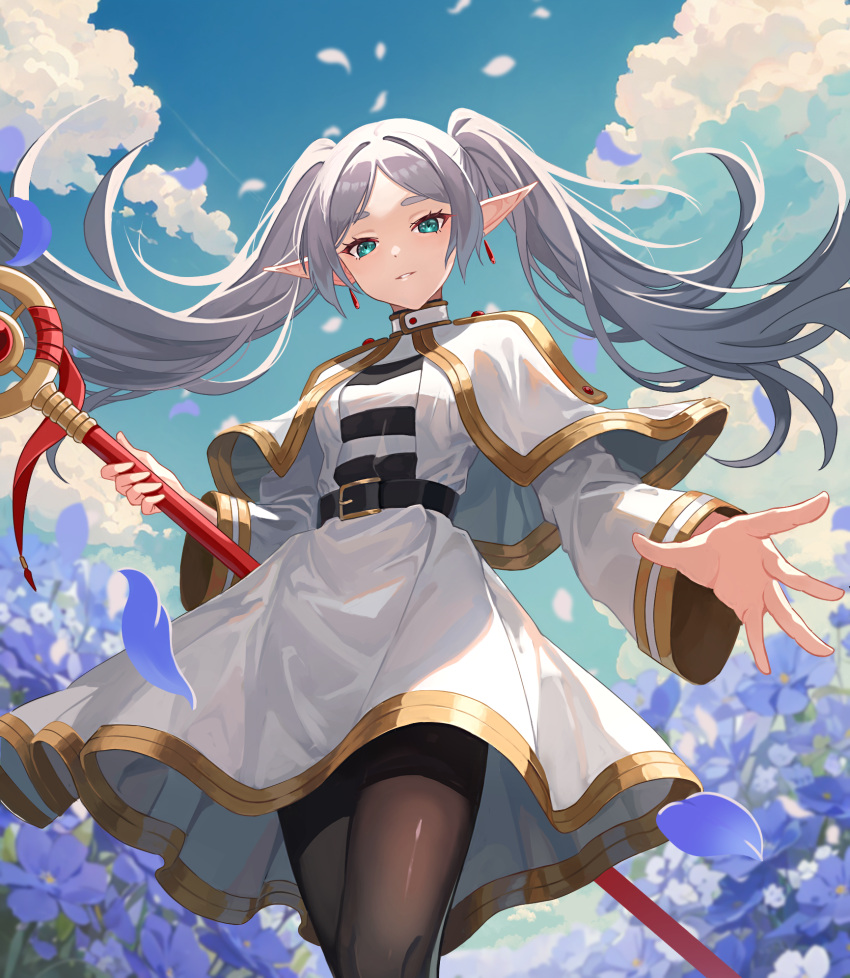 1girl belt black_belt blue_sky capelet cloud dangle_earrings drop_earrings earrings elf field flower flower_field frieren green_eyes grey_hair highres holding holding_staff jewelry long_hair looking_at_viewer mage_staff pantyhose pointy_ears shirt skirt sky solo sousou_no_frieren staff striped_clothes striped_shirt tomo_527 twintails white_capelet white_skirt