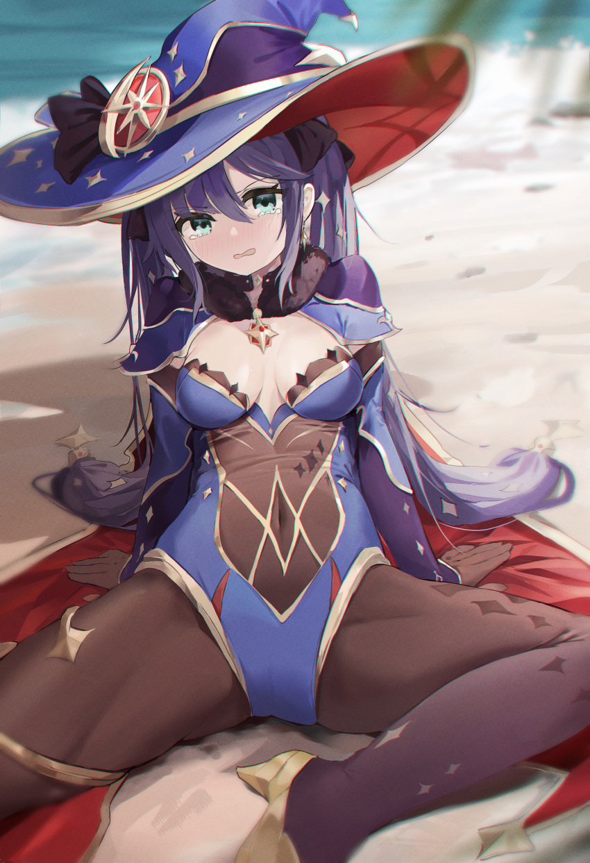 1girl arm_behind_back beach black_ribbon blush breasts cape coria earrings genshin_impact green_eyes hat high_heels highres jewelry legs leotard long_hair looking_at_viewer medium_breasts mona_(genshin_impact) pantyhose purple_hair ribbon sitting solo spread_legs tearing_up tears thighs twintails very_long_hair wizard_hat yellow_footwear