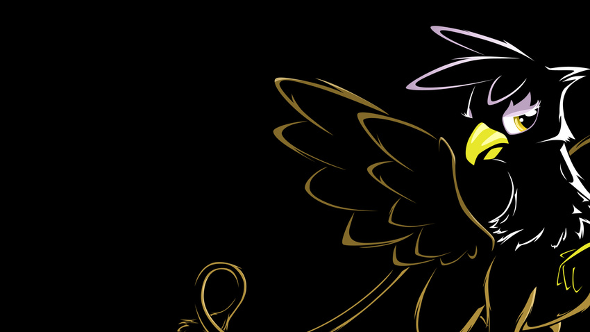 avian black_background braukoly brown_body female feral friendship_is_magic gilda_(mlp) gryphon hasbro hi_res my_little_pony plain_background silhouette solo tail wallpaper warm_colors white_head widescreen wings yellow_eyes