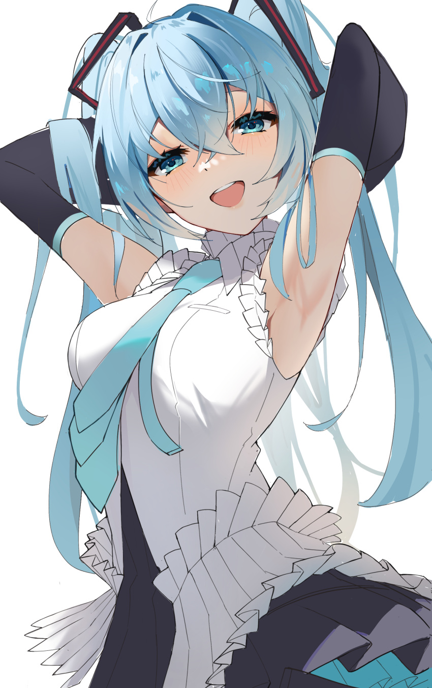 1girl :d absurdres armpits arms_behind_head arms_up black_skirt black_sleeves blue_eyes blue_hair blue_necktie blue_skirt breast_pocket detached_sleeves dress_shirt hair_between_eyes hair_ornament half-closed_eyes hatsune_miku head_tilt hiciki highres layered_skirt long_hair long_sleeves looking_at_viewer necktie open_mouth pleated_skirt pocket shirt simple_background skirt sleeveless sleeveless_shirt smile solo twintails two-tone_skirt vocaloid white_background white_shirt