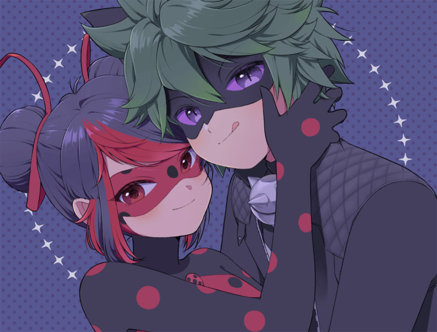 1boy 1girl adrien_agreste animal_ears black_bodysuit black_mask blue_background bodysuit bug cat_boy cat_ears claw_noir closed_mouth double_bun green_hair hair_bun jacket ladybug leather leather_jacket marinette_dupain-cheng mask miraculous_ladybug purple_eyes red_eyes red_mask shadybug short_hair smile superhero_costume tongue tongue_out tsumiki_(chimamm_t)